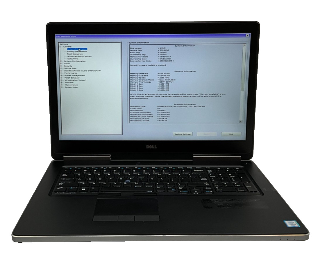 DELL Precision 7710 17.3″ i7-6820HQ 64gb 1tb/512gb M5000M Laptop B0L81G2 no OS