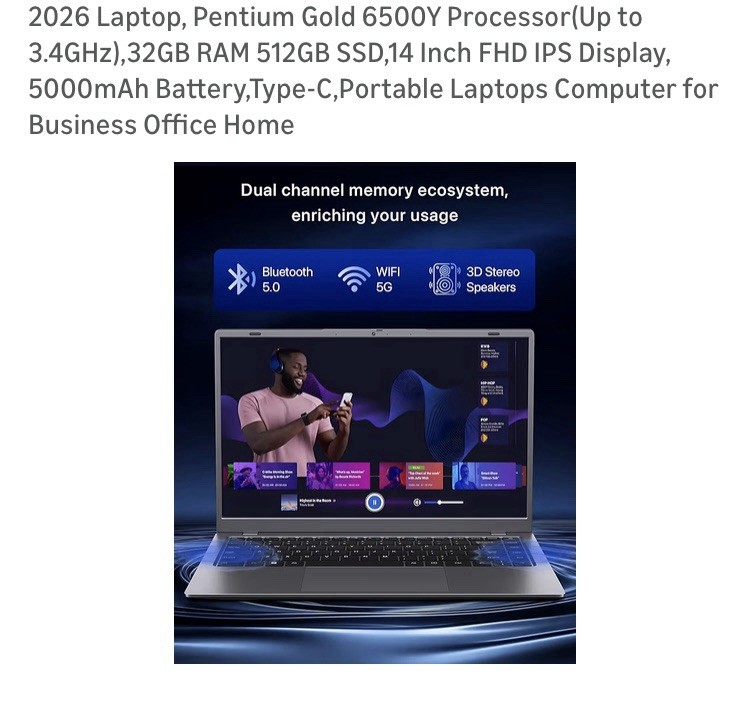 Pentium Gold 6500Y Processor 32GB RAM 512GB SSD,14 Inch FHD IPS Display