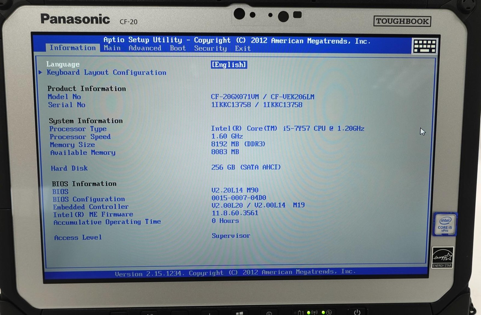 Panasonic Toughbook CF-20 Core i5-7Y57 1.20GHz 8GB 256GB 10.1″ Laptop