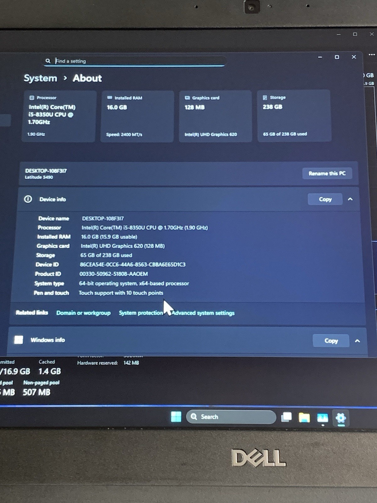 Dell Latitude 5490 i5-8350U 16GB 256GB SSD Win11 14in FHD Touchscreen Black