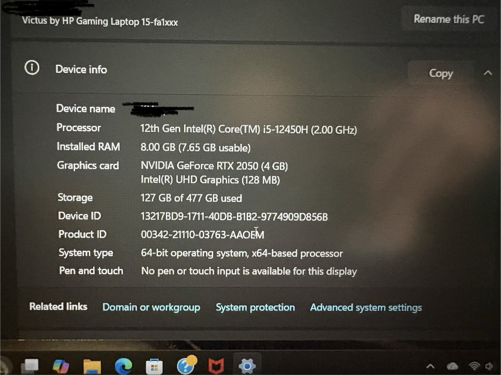 HP Victus 15-fa1xxx i5-12450H 8GB 477GB SSD RTX 2050 15″ Win11