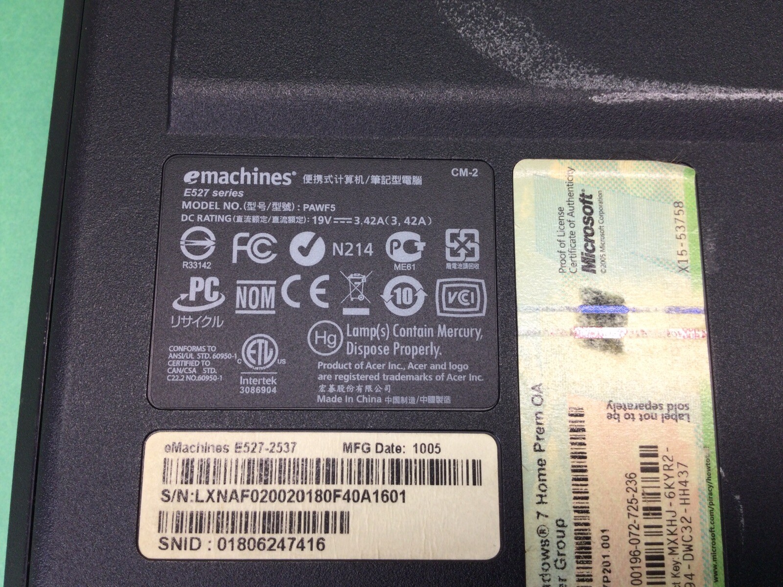 eMachines E527 Series E527-2537 – 15.5” Laptop – UNTESTED