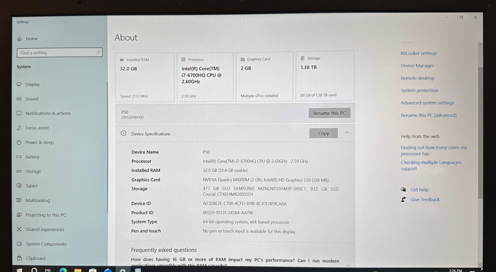 Lenovo ThinkPad P50 Workstation, Intel core i7-6700HQ, 32GB RAM, 1.5 TB, NVIDIA