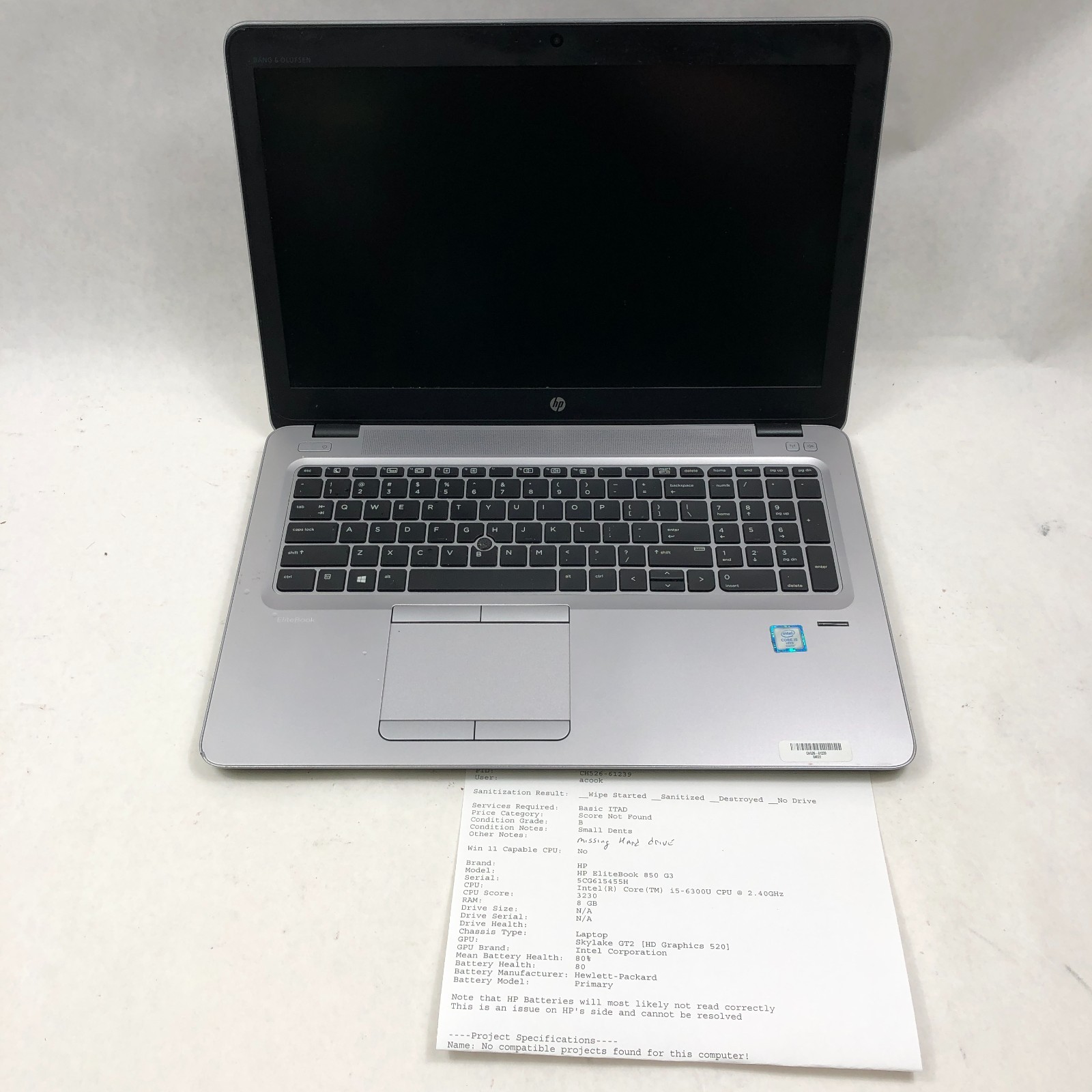 Lot of 6 HP EliteBook 850 G3/G4 Intel Core i5/i7 6th/7th Gen Mixed Specs READ