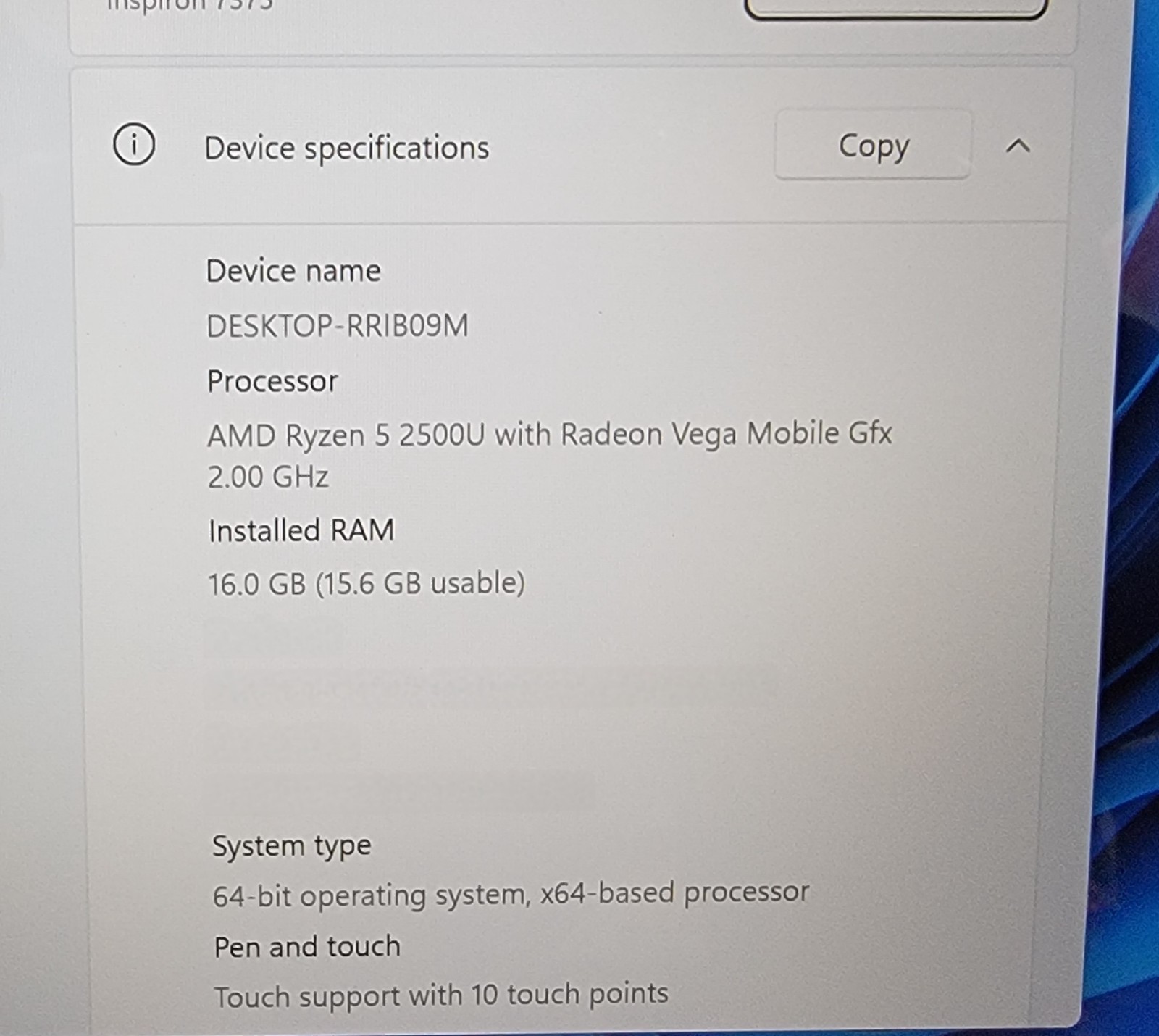 Dell Inspiron 7375 2 IN 1 Ryzen 5 2500U 2.00GHz, 16GB RAM, 256GB SSD, WIN 11 PRO