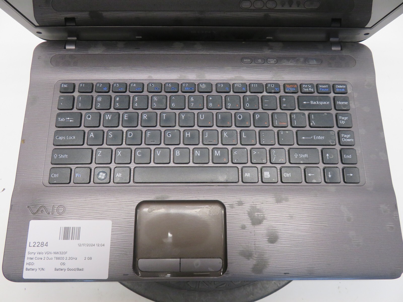 Sony Vaio VGN-NW320F Intel Core 2 Duo T6600 2.2GHz 2 GB NO HDD No Batt