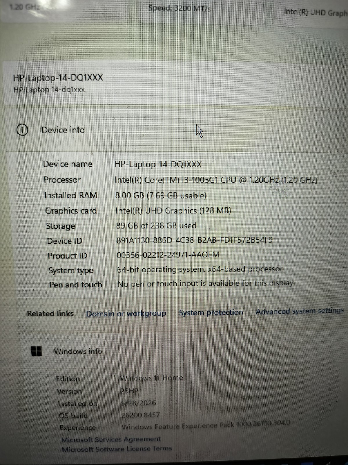 HP Laptop 14-dq1xxx Intel Core i3-1005G1 CPU @ 1.20GHz 8 GB RAM 238GB Storage