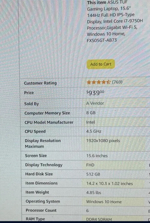 ASUS TUF FX505 15.6 inch (512GB, Intel Core i5 9th Gen., 4.10GHz, 16GB)Gaming…