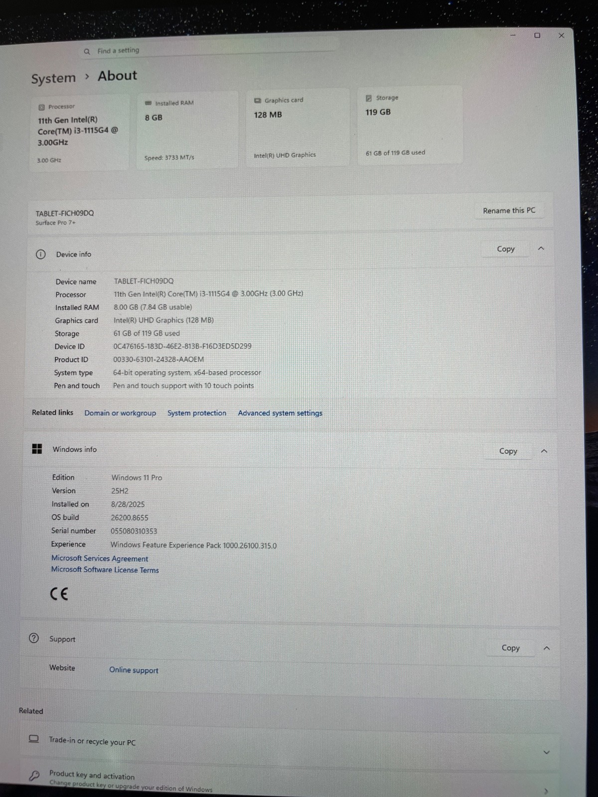 microsoft surface 7plus- 128GB graphics, 8GB RAM, i3 intel processor
