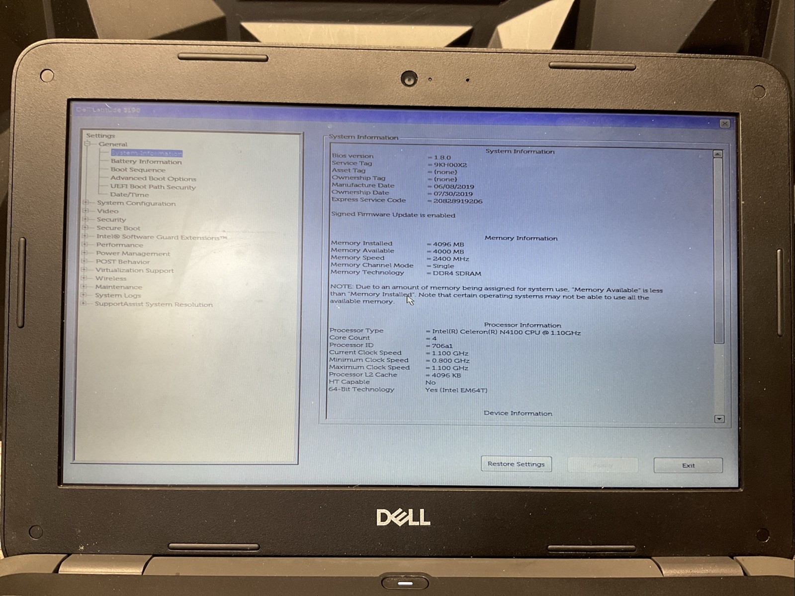 Dell Latitude 3190 / Windows 11 Pro / 64GB Storage / BIOS Unlocked / C5