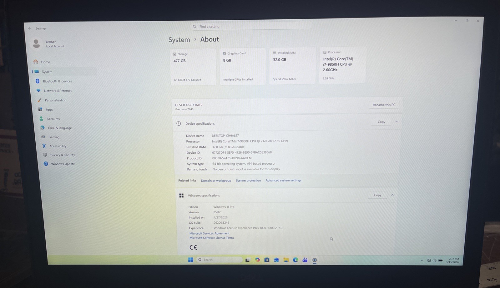 Dell Precision 7740 17.3″ i7-9850H@2.6GHz, 32GB RAM, 512 GB M2, Win 11 Pro