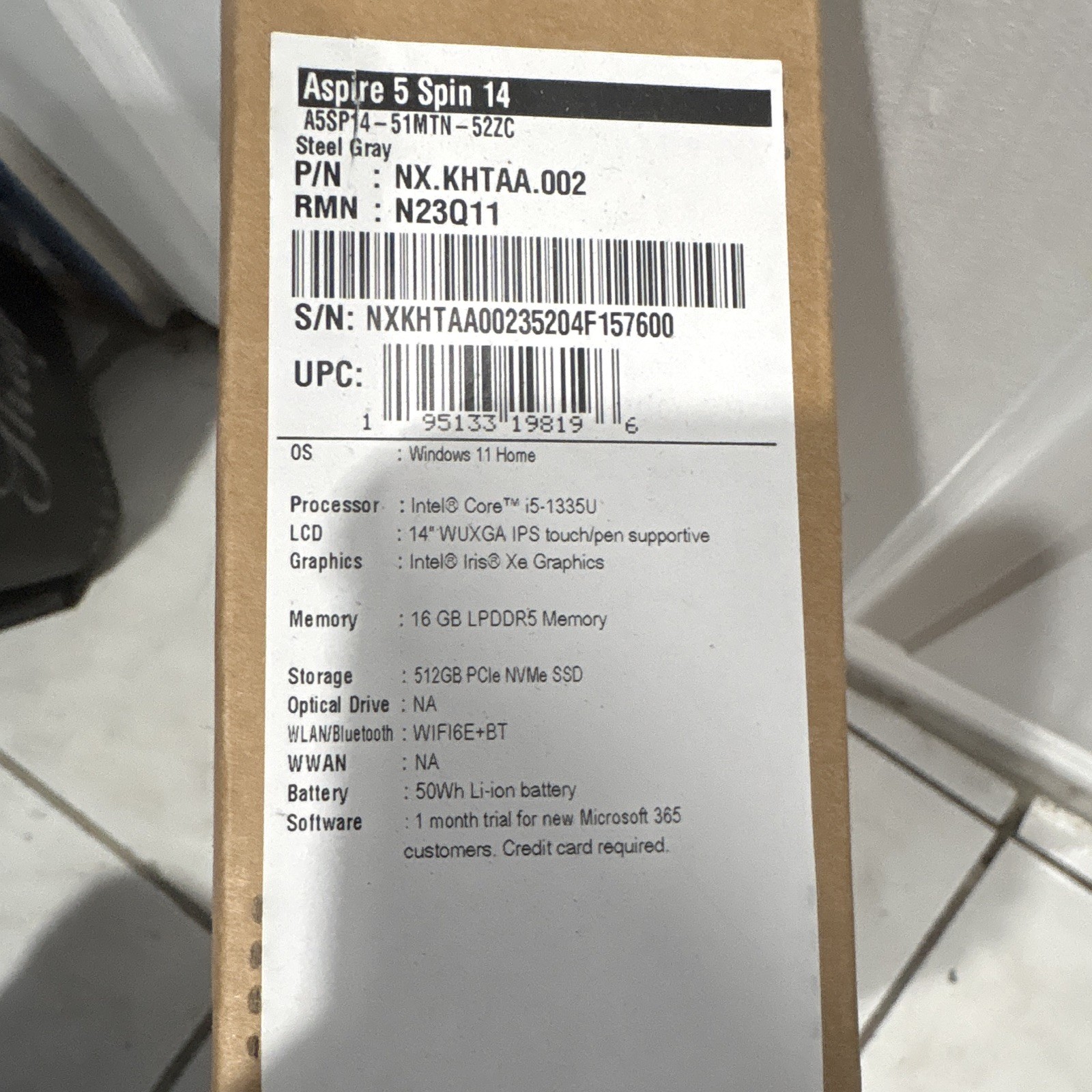 Acer Aspire 5 Spin 14 14in Touch i5-1335U 16GB 512GB SSD Win11 Gray