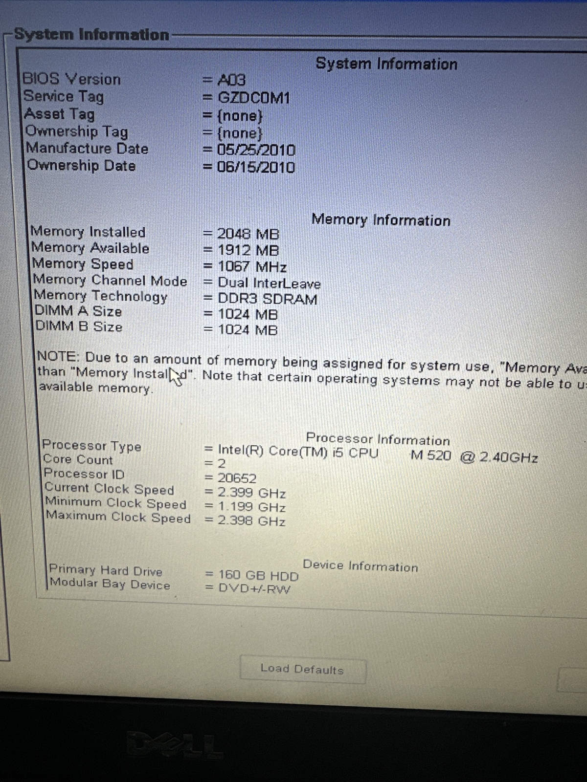DELL LATITUDE E6410 CORE I5 M520 @ 2.40GHz 4GB RAM NO Hard Drive