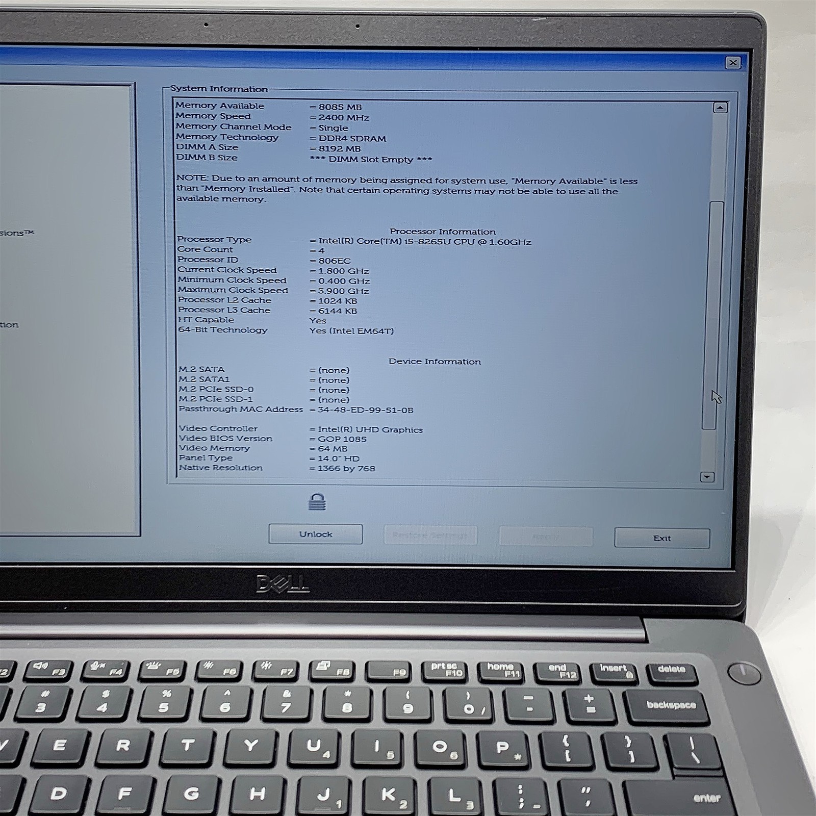 Dell Latitude 7400 Laptop i5 8265U 1.60GHZ 14″ HD 8GB NO HDD/BATT BIOS LOCKED