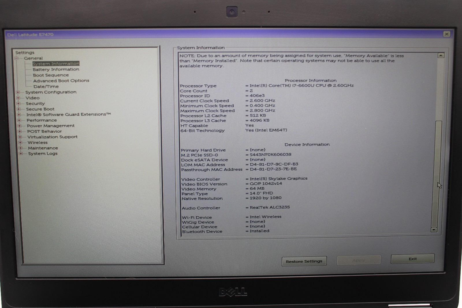 Dell Latitude E7470 _ i7-6600U @ 2.6 _ 8GB RAM _ 256GB SSD _ No OS / BATTERY