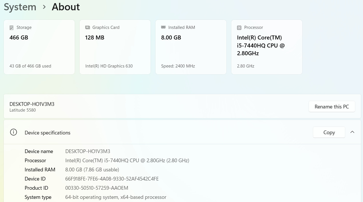 Dell Latitude 5580 i5-7440HQ 15.6″ Windows 11 Pro Laptop 500GB SSD 8G