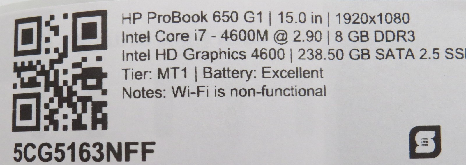 HP ProBook 650 G1 | i7-4600M @ 2.9GHz | 8GB DDR3 | 238GB SSD | 15″ | No OS