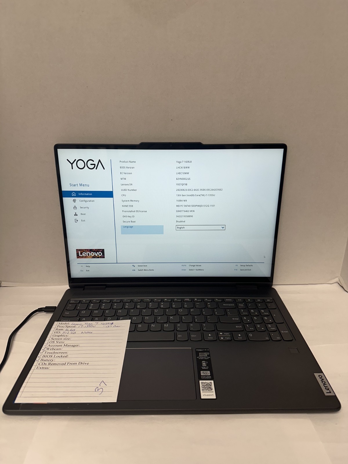 Lenovo Yoga 7 (i7-1355u, 16GB, 512GB NVMe, No OS or Charger)