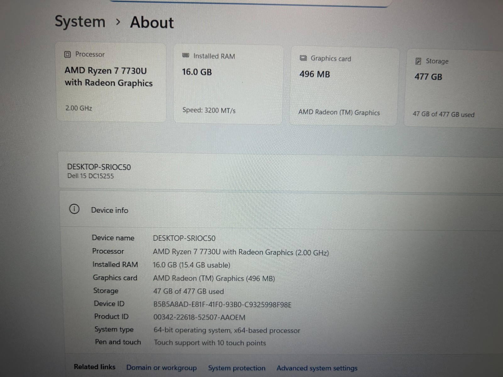 DELL 15 DC15255 G8MK9, AMD Ryzen 7 7730U, 2.00 GHz, 16 GB RAM, 512 GB NVMe SSD