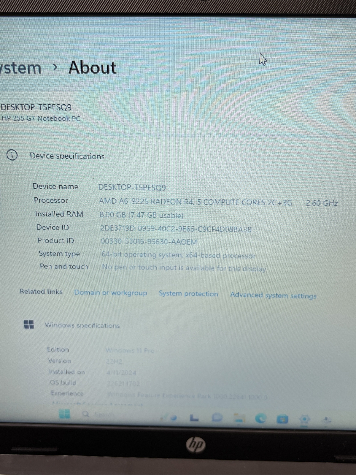 HP 255 G7 15.6″ AMD A6-9225 Radeon R4 2.60 GHz 8GB 256GB SSD BT Win11Pro Laptop