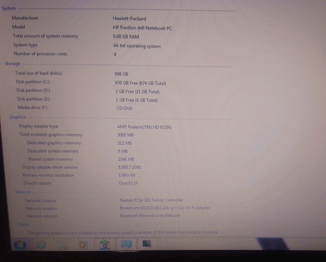 HP Pavilion DV6-6C35DX AMD A8-3520 1.6GHz, 6GB Ram, 600GB HDD, Windows 7