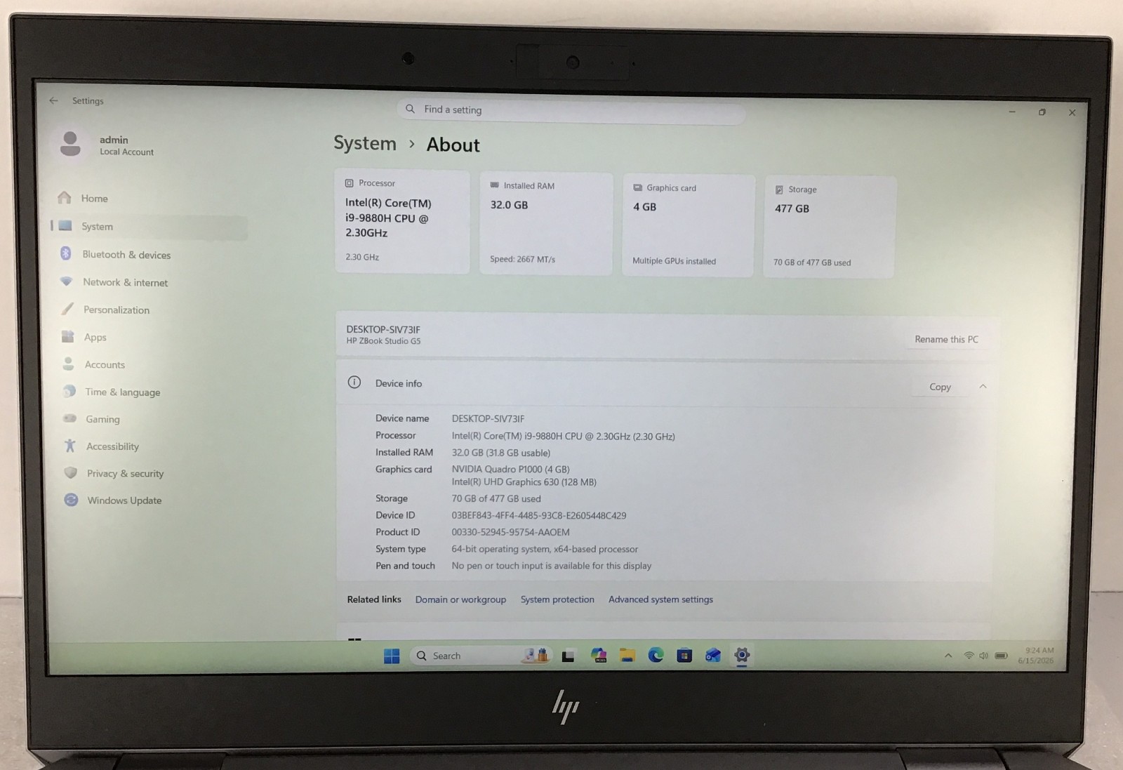 HP ZBook Studio G5 15.6″ I9-9880H 2.3 GHz 32GB 512GB NVIDIA QUADRO P1000 11 Pro