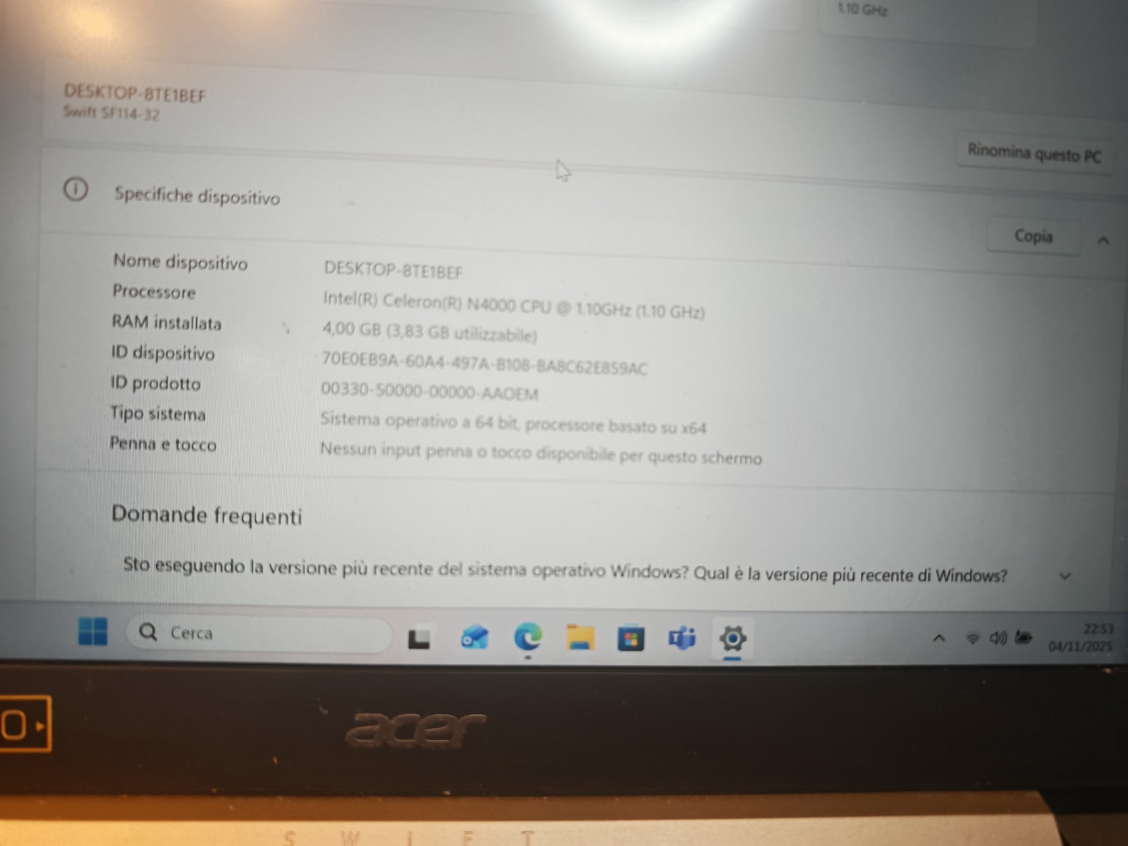 ACER SF114-32 MOTHERBOARD 448.0E604.001M N4000 64GB EM 4GB UHD 600 NBGXH1100A #