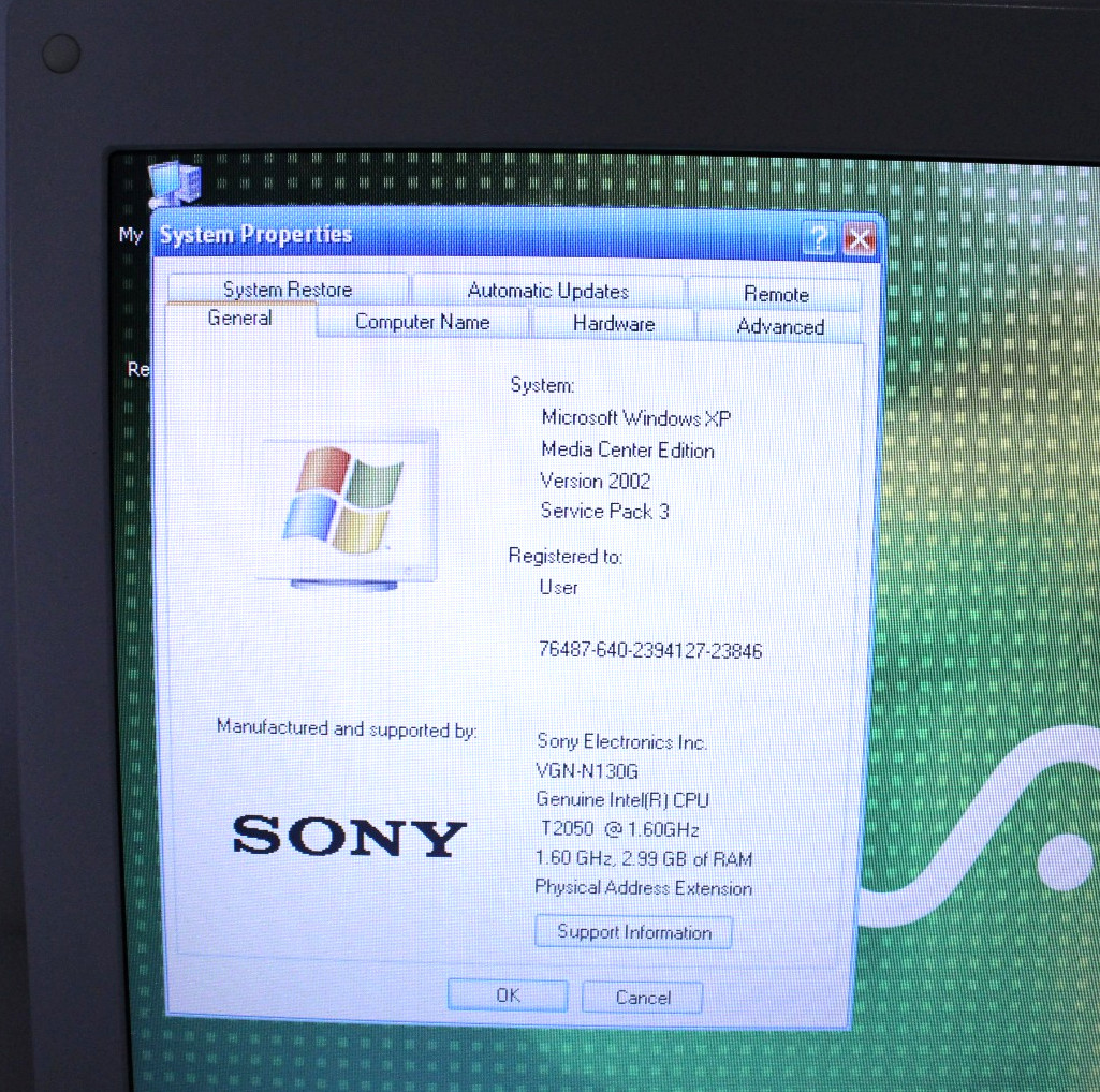 Sony Vaio VGN-N130G Core Duo @ 1.6GHz 3GB RAM 250GB SSD Windows XP MCE SP3