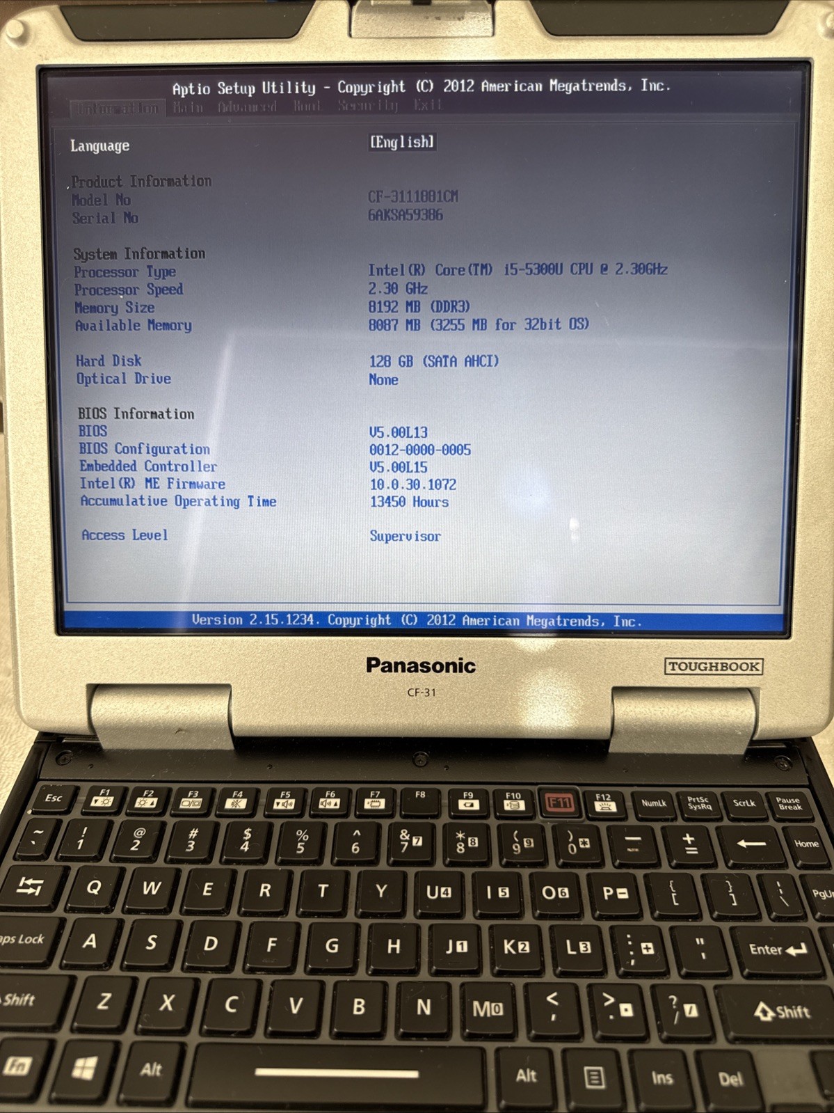 Panasonic Toughbook CF-31 MK5 i5-5300U 2.30GHz 8GB/128GB HDD/DVD/No AC Charger