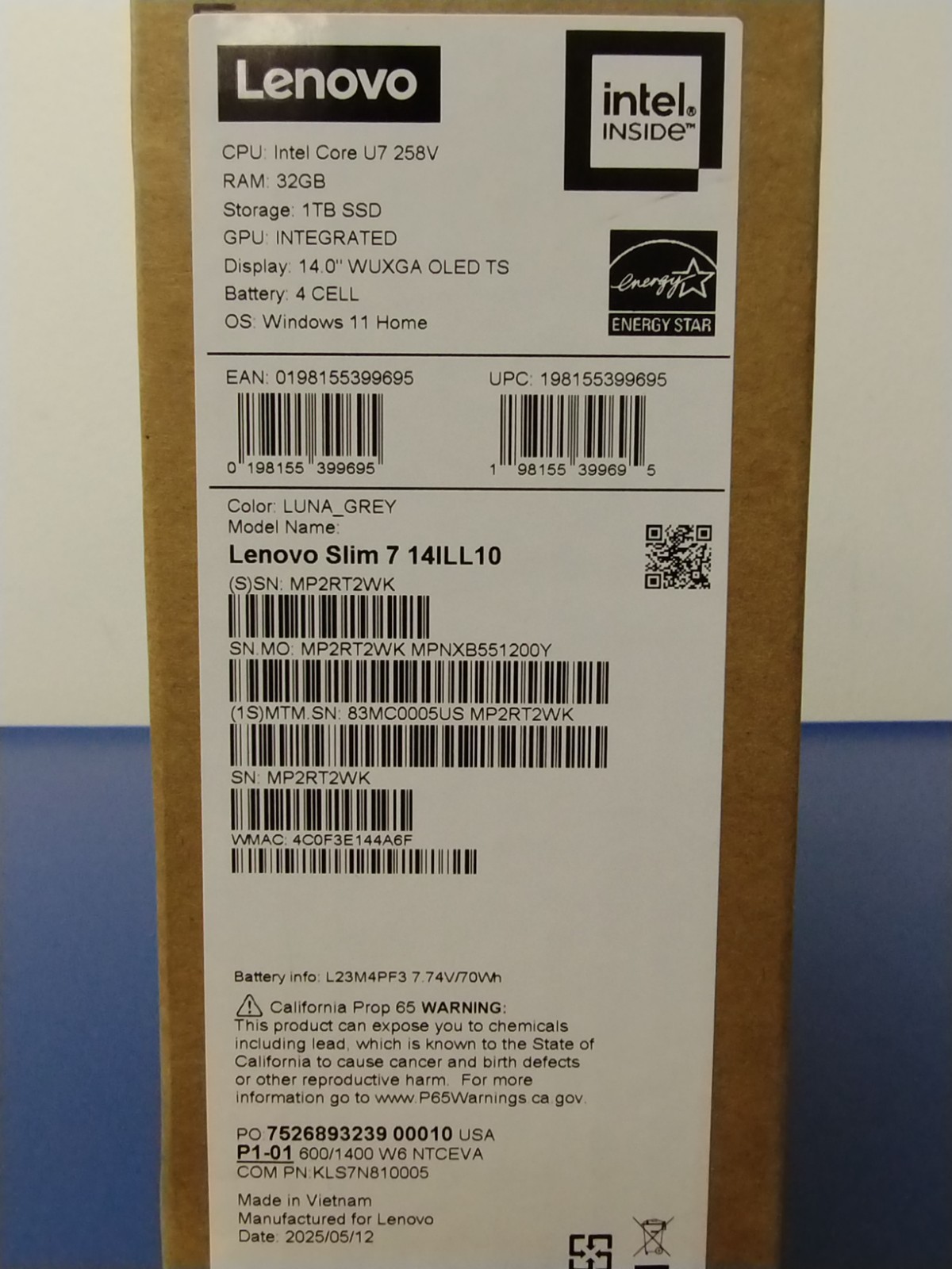 Lenovo Slim 7 14ILL10, Intel Core Ultra 7 258V, 2.20 GHz, 32 GB RAM, 1 TB NVMe
