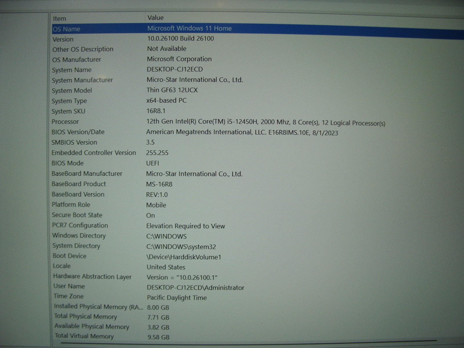 MSI Thin GF63 15.6” FHD 144hz i5-12450H 2.0GHz 8GB 1TB SSD RTX 2050 Battery 99%
