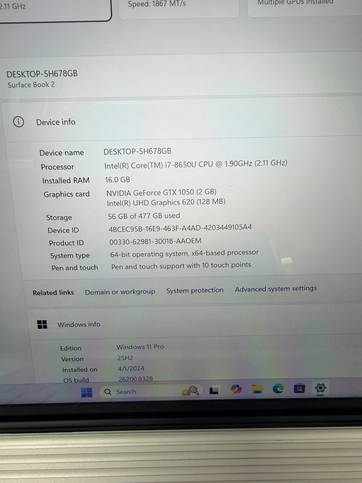 Microsoft Surface Book 2 13.5″ i7-8650U 16GB RAM 512GB SSD GTX 1050 2GB Win 11 P