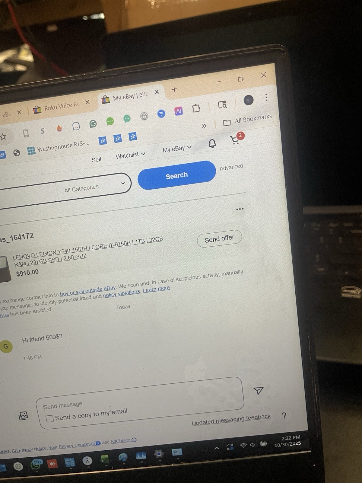 LENOVO LEGION Y540-15IRH | CORE I7-9750H | 1TB | 32GB RAM | 237GB SSD | 2.60 GHZ