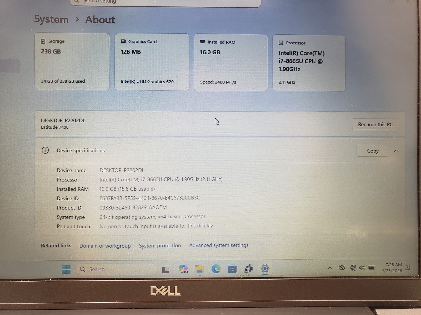 Dell Latitude 7400 i7-8662U 8th 16GB Ram 256GB SSD Laptop PC 1.90GHz Win 11 Pro.