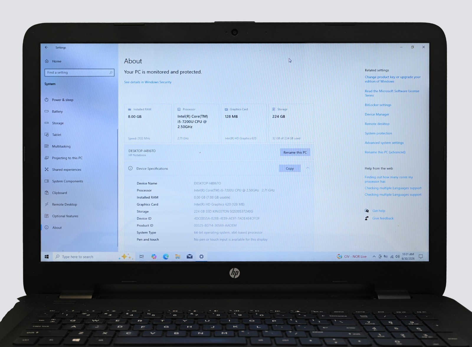 HP Pavillion Notebook i5-7200u 2.5GHz 8GB RAM 240GB HD – NO BATTERY