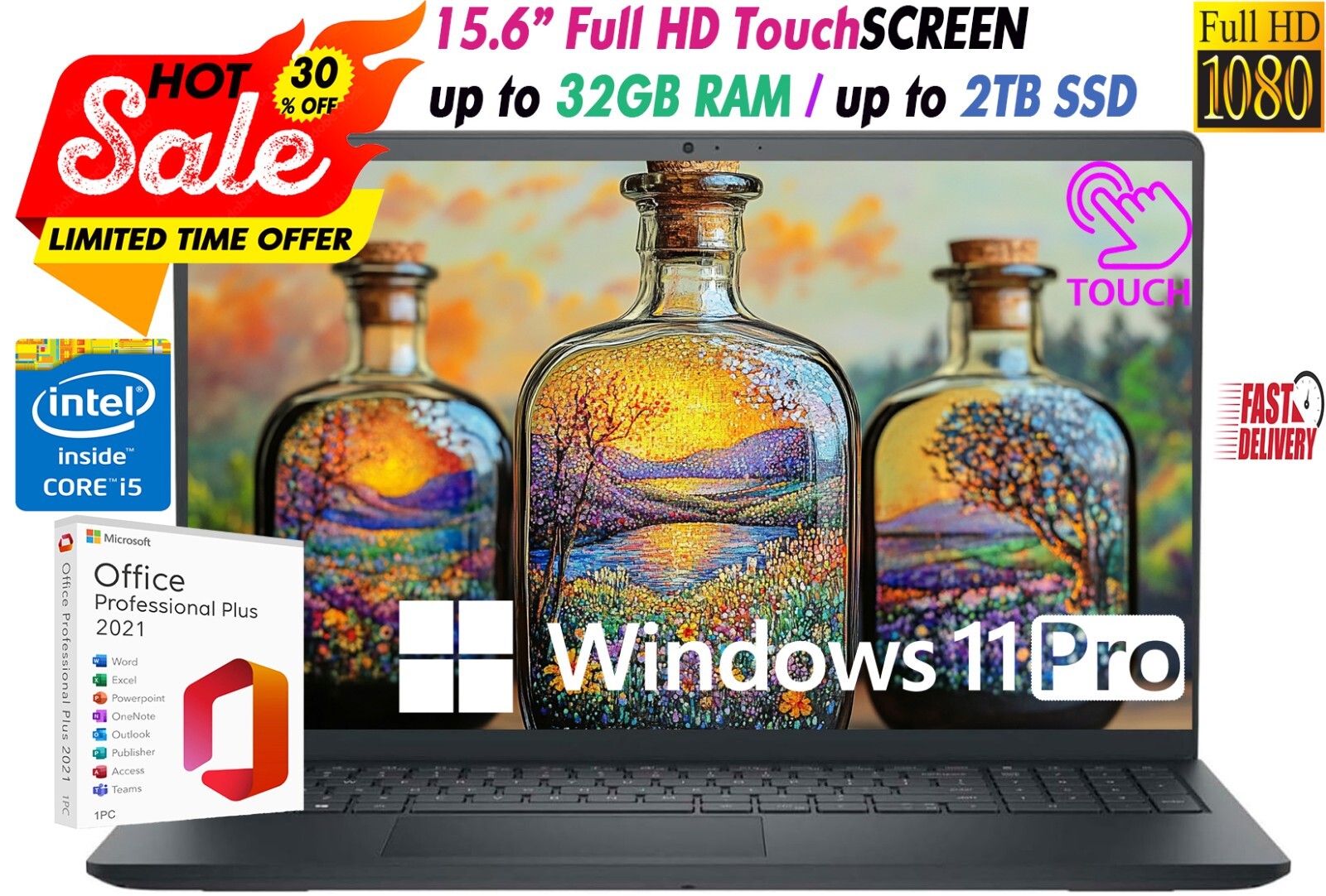 Dell 15.6″ Laptop FHD Touch Intel i5 Upto 32GB RAM& 2TB SSD Win11 PRO+OFFICE