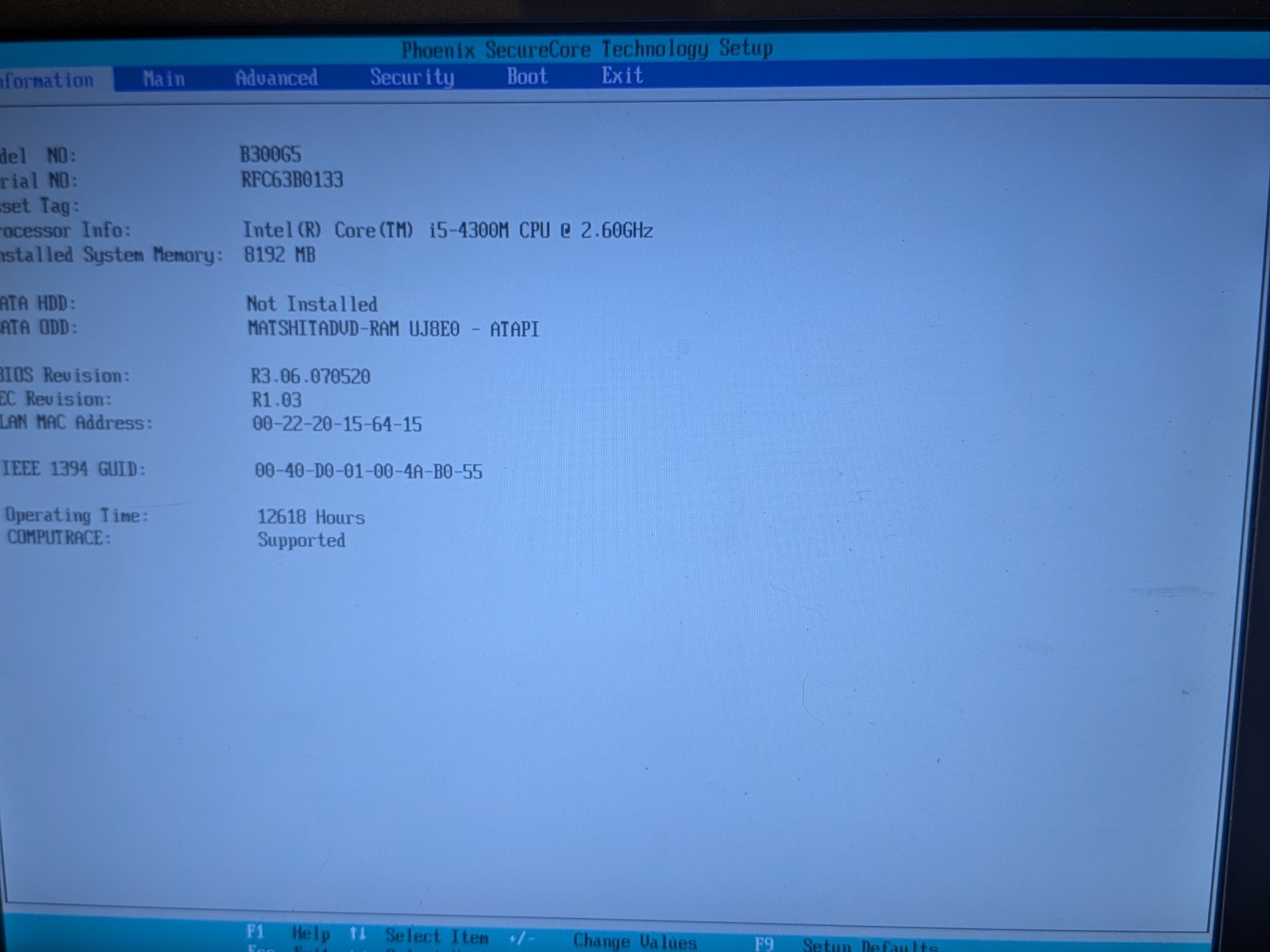 Getac B300 Rugged Laptop i5-4300M 2.6GHz 8GB RAM No HDD Boots to BIOS w/battery