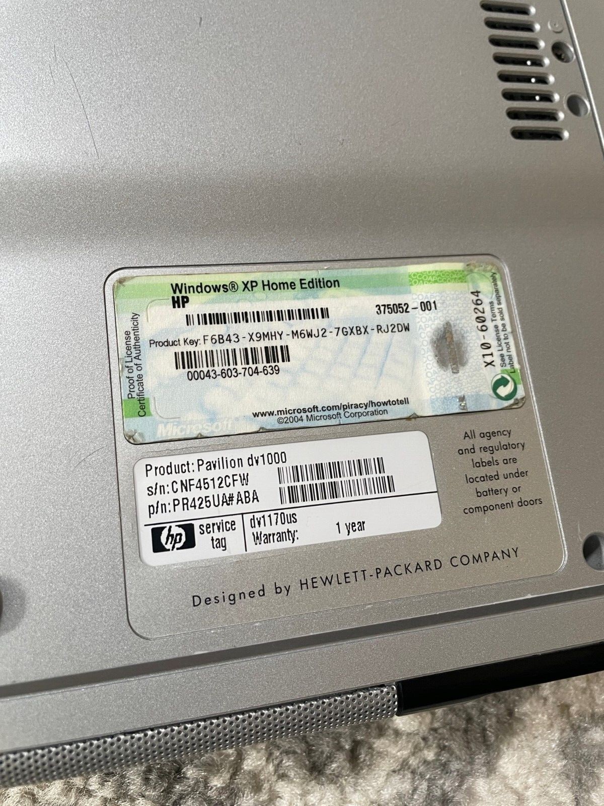 HP Pavillion DV1000 Pentium M 1.7GHz 400MB RAM NO Charger, No HDD, UNTESTED