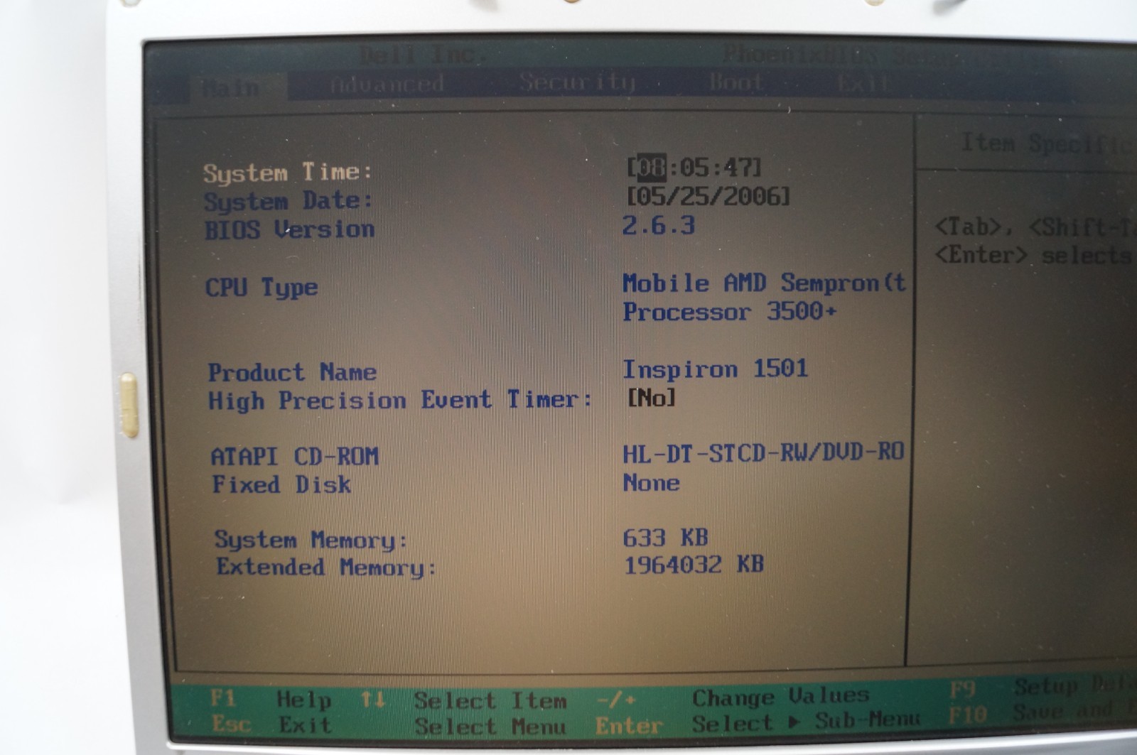 Dell Inspiron 1501- PP23LA 15.5″ 633 KB Mem AMD Sempron No HD WORKING PoR D152