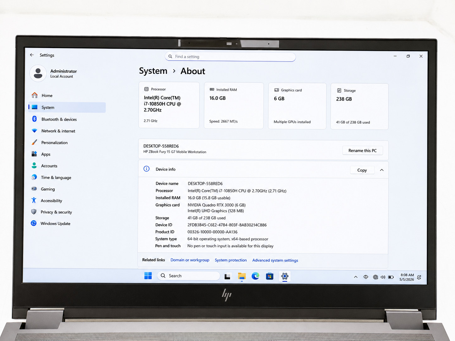 HP ZBook Fury 15 G7 i7-10850H 16GB 256GB SSD RTX 3000 Mobile Workstation Win 11.