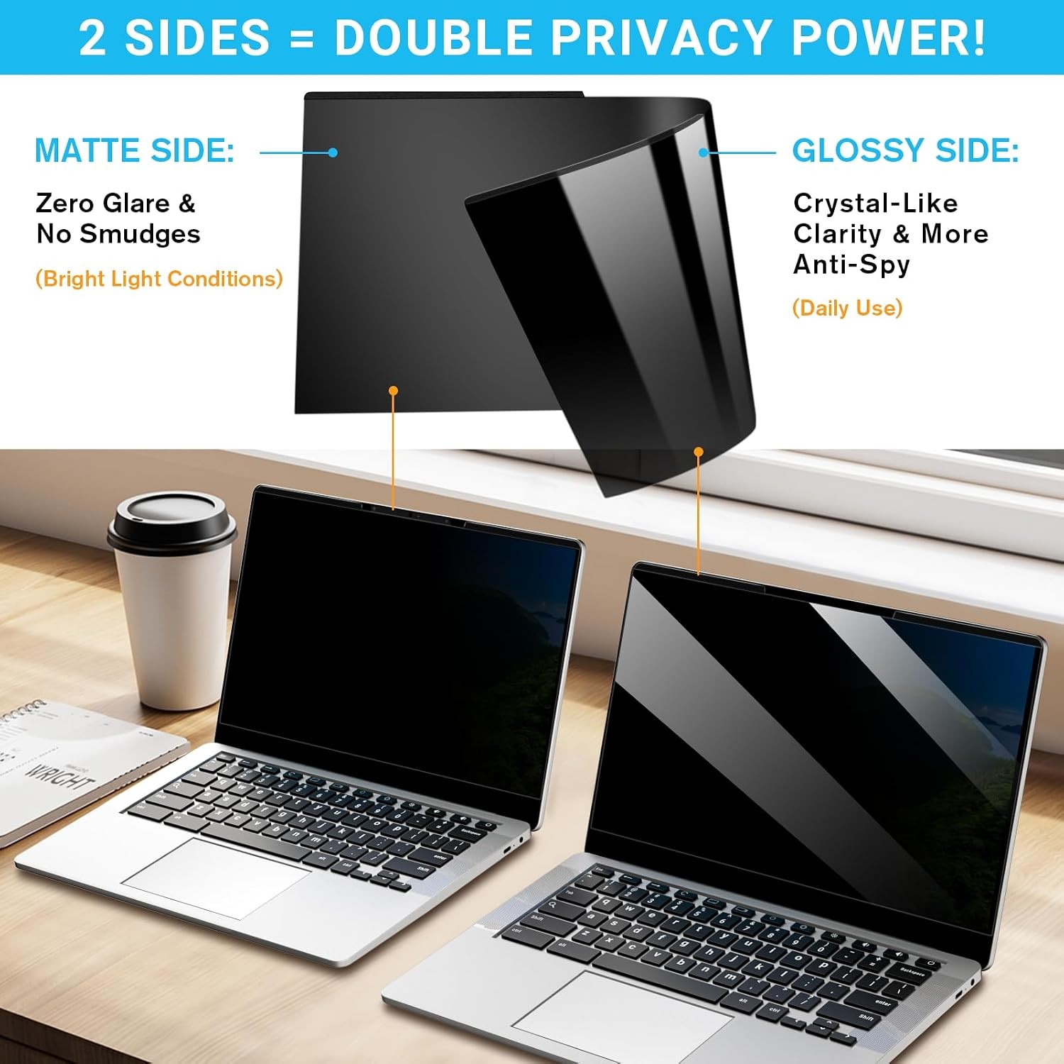 Laptop Privacy Screen 14 Inch 16:9, Magnetic Removable Anti-Glare Blue Light Blo