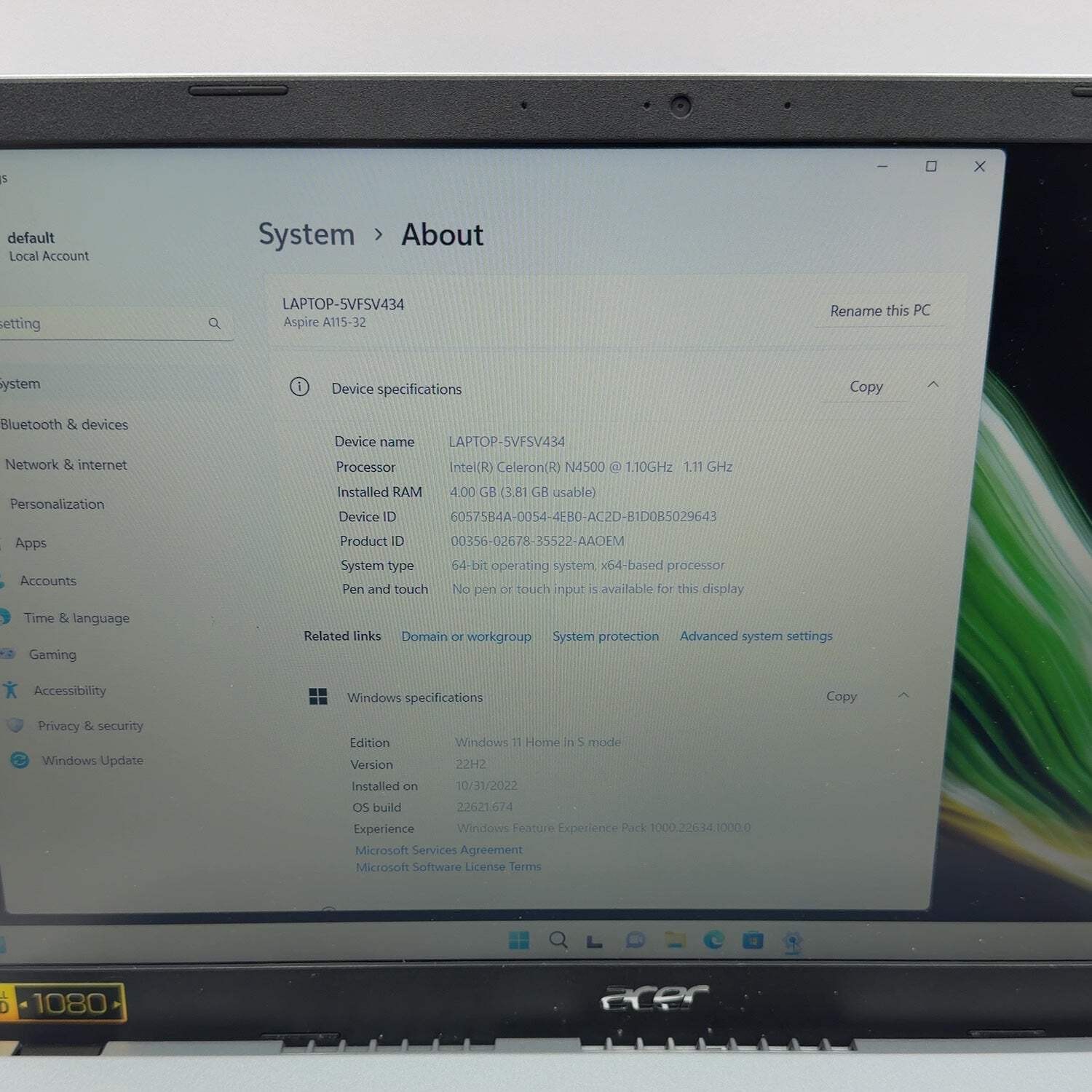 Acer ASPIRE 1 N20C5 15.6″ Celeron(R) N4500 1.1GHz 4GB RAM 128GB SSD INTEL(R) UHD