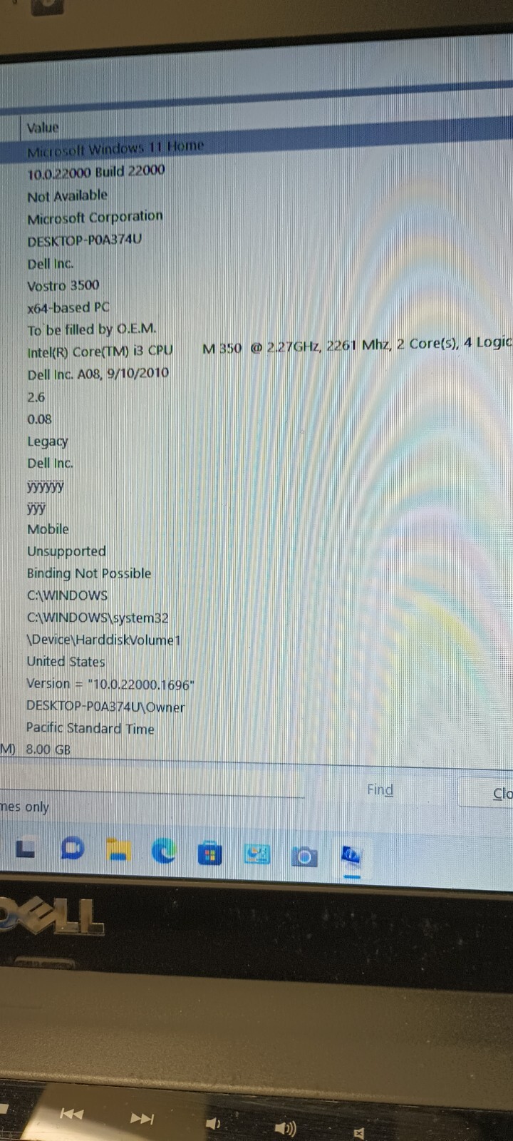 Dell Vostro 3500 (no charger) i3 M350.8GB.128GB SSD.Optical Drive.W11 Home