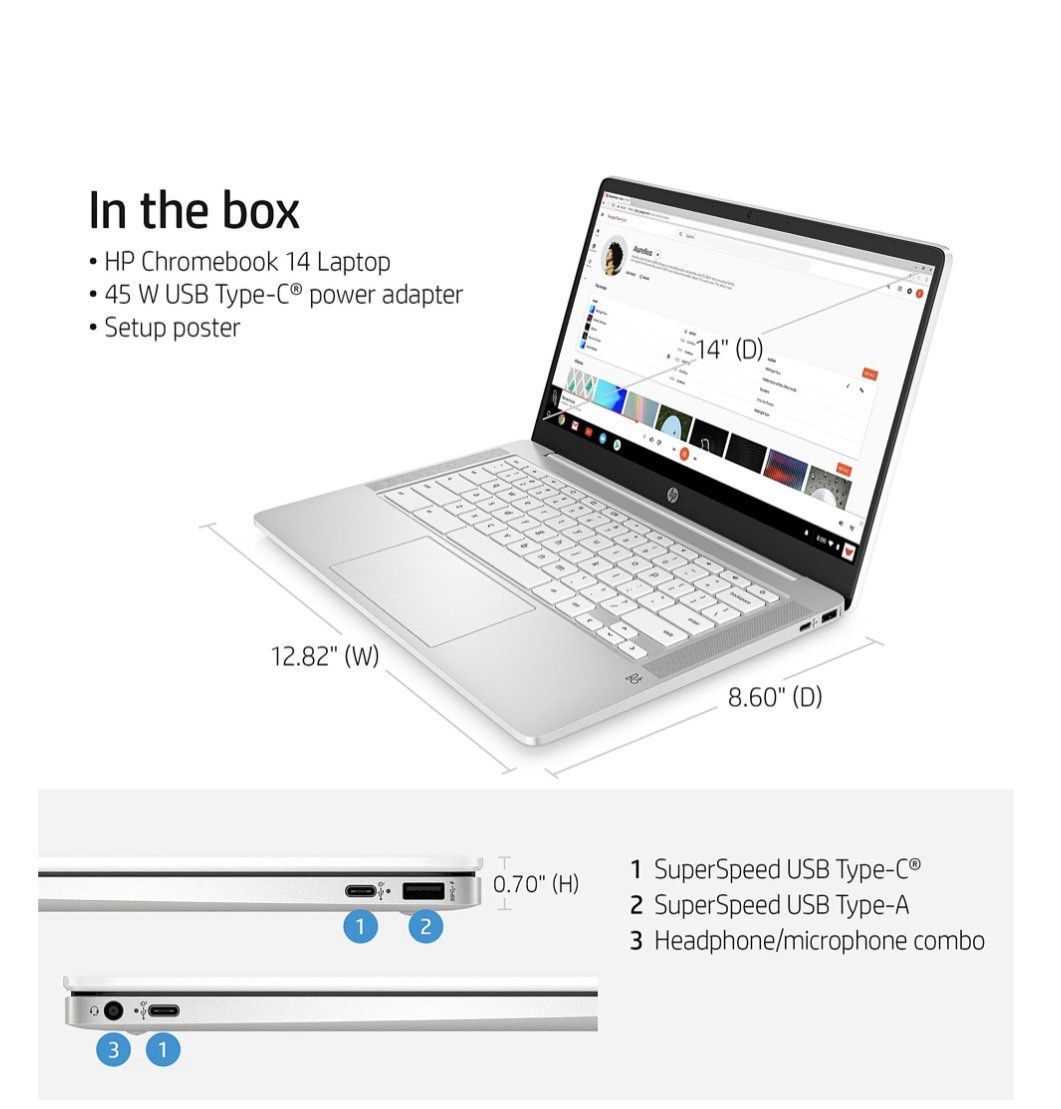 HP 14a-na0122od Chromebook, 14″ Screen, Intel® Pentium®, 4GB 64 eMMC 4N1B0UA#ABA