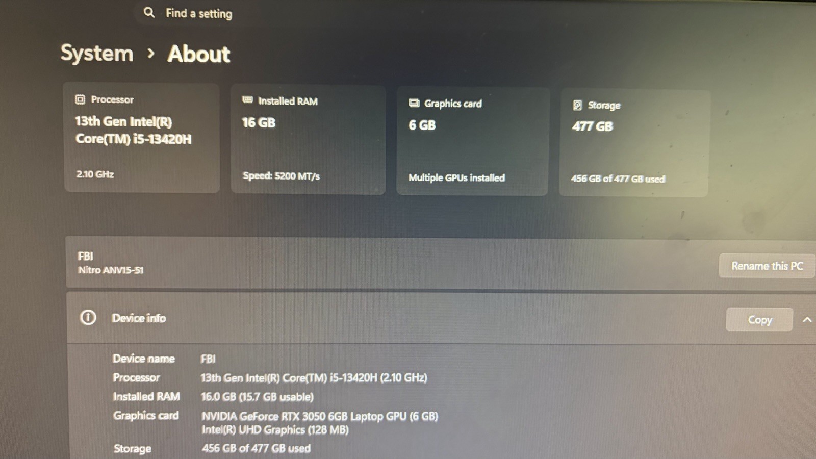 Acer Nitro ANV 15-51 Gaming Laptop 15.6in Core i5 RTX Dedicated