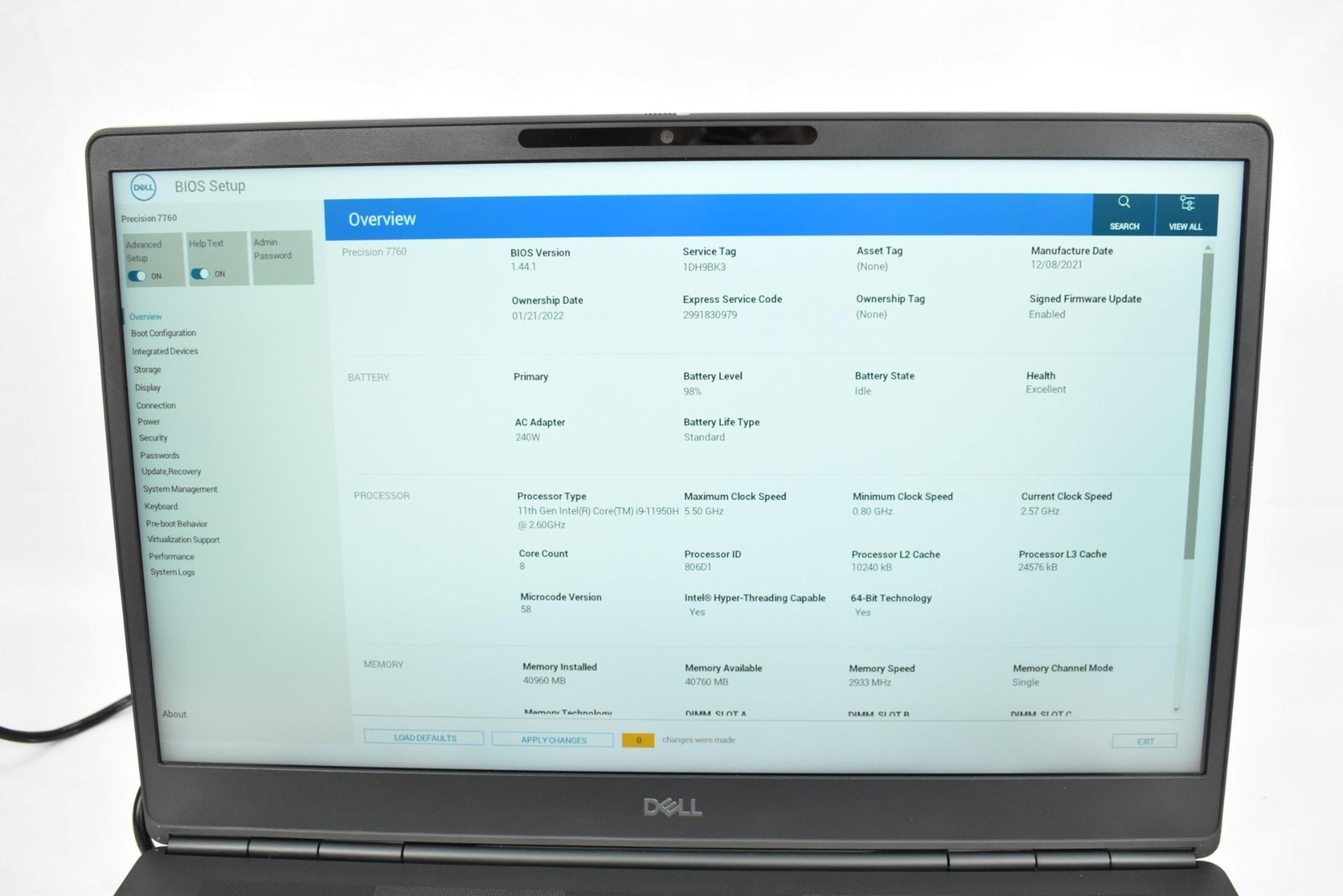 Dell Precision 7760 Laptop i9-11950H 2.6GHz 40GB 256GB SSD No OS 17.3″