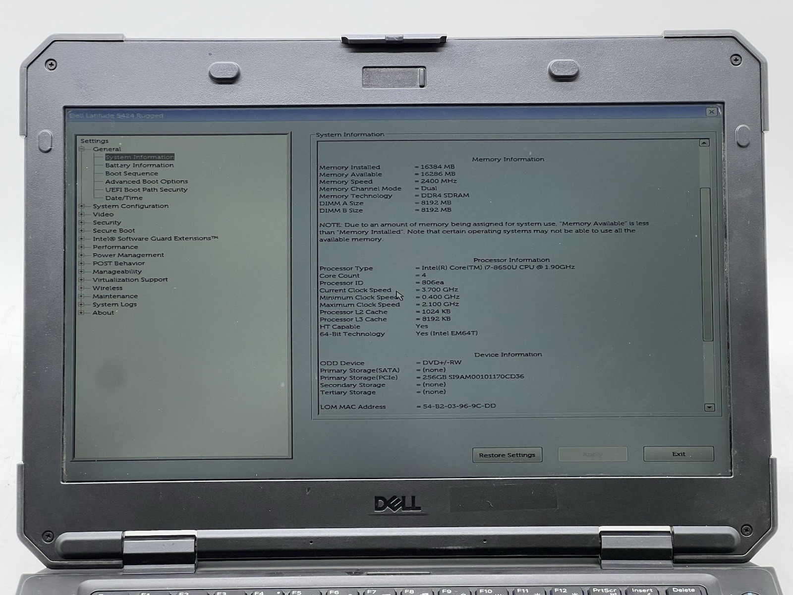 Dell Latitude 5424 Rugged, i7-8650U, 1.90GHz, 16GB RAM, 256GB NVMe-No OS/Charger