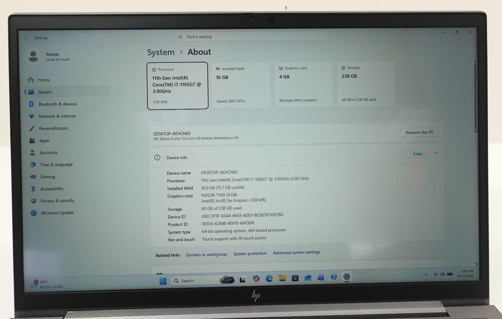 HP ZBOOK Firefly G8 Mobile WS 15.6″ Core i7-1185G7 3.0GHz 16GB 256GB SSD