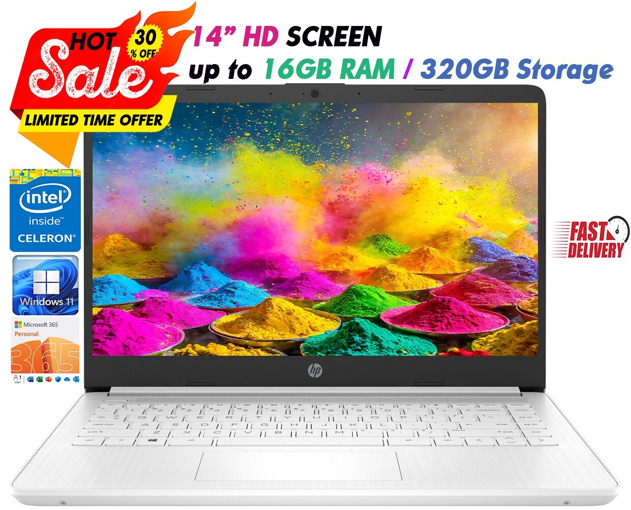 HP 2024 Newest Laptop 14″HD Intel 4-Core Up to 16GB RAM & 320GB Storage White