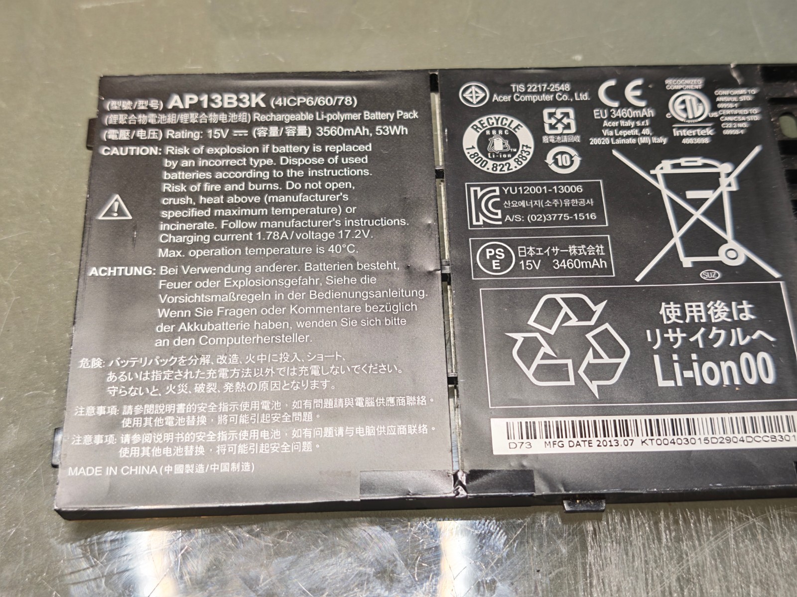 ACER BATTERY AP13B3K 15.V 3560mAh 53Wh ORIGINAL 97% #